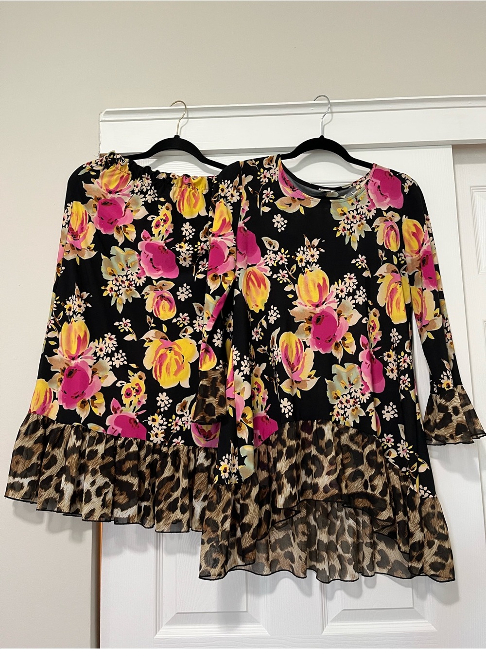 Black Floral & Leopard Ruffle Hem Tunic - Pink & Yellow